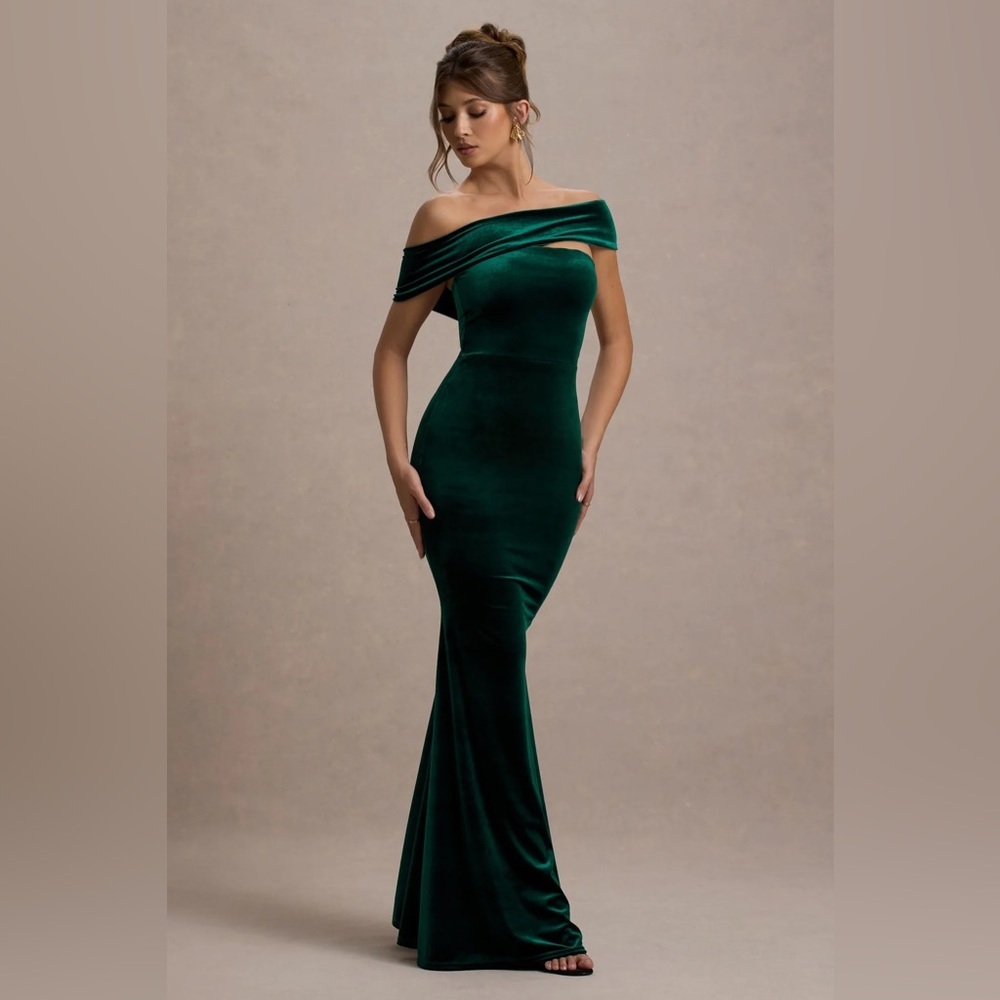 Club L London • Candala Bottle Green Velvet Asymmetric Bardot Maxi Dress